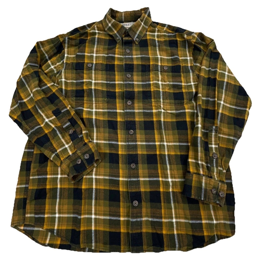 Duluth Trading Shirt Men Large Yellow Plaid Flannel Button Up Relaxed Fit Camp S